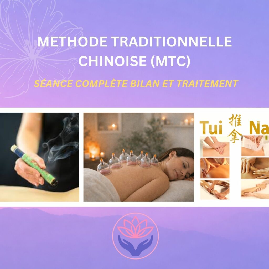 Affiche de médecine traditionnelle chinoise avec moxas, ventouses et techniques de massage énergétique