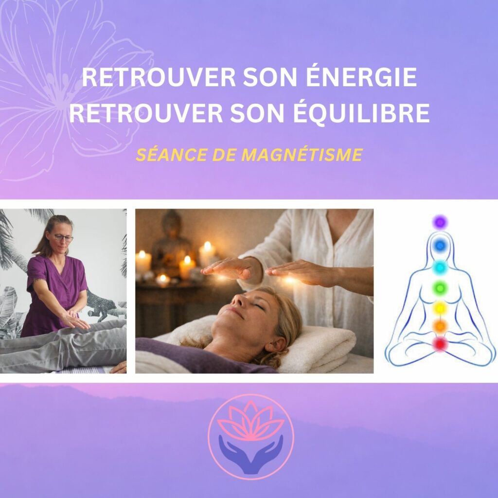 Affiche de séance de magnétisme avec praticienne, soin énergétique et représentation des chakras