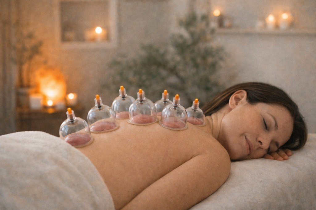 Séance de médecine traditionnelle chinoise avec ventouses sur le dos d’une femme