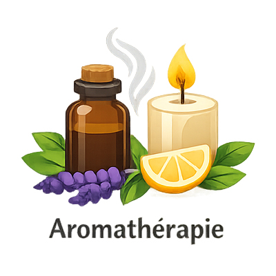 Icône représentant l’aromathérapie avec huiles essentielles et bougie parfumée