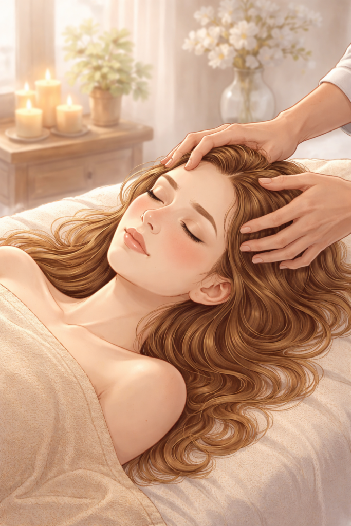 Un femme qui devient apaisée pendant un massage crânien