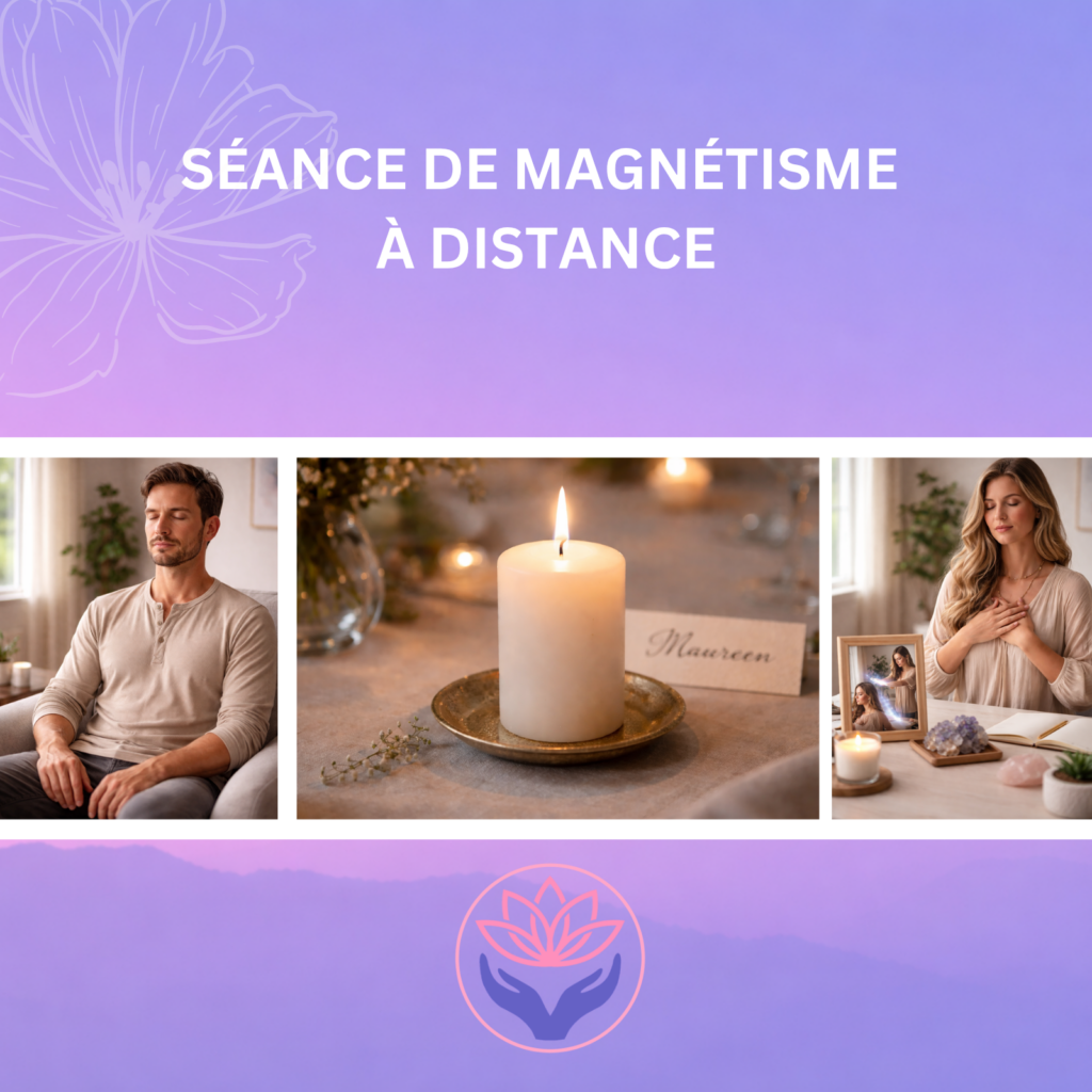 Affiche de magnétisme à distance avec bougies, énergie circulante et soin énergétique à distance